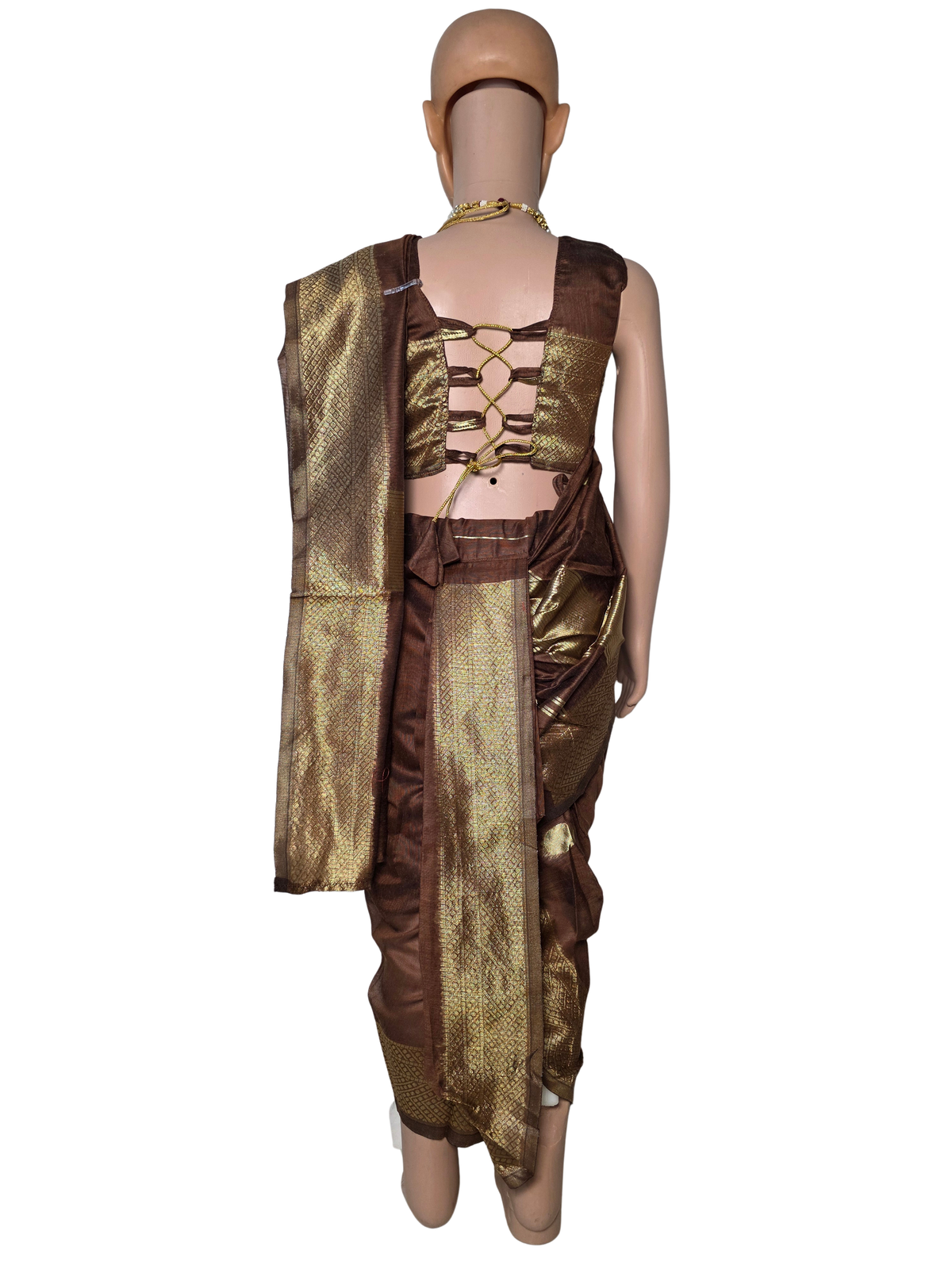 Coffee-Brown Pre-Stitched Nauvari Saree — Fits 3 to 4 Years
