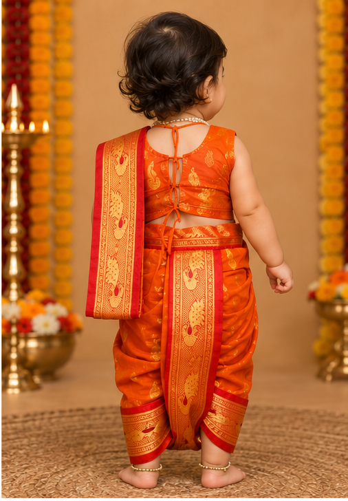Marigold Orange Pre-Stitched Nauvari Saree, Peacock Motif — Fits 6 Months to 1.5 Years