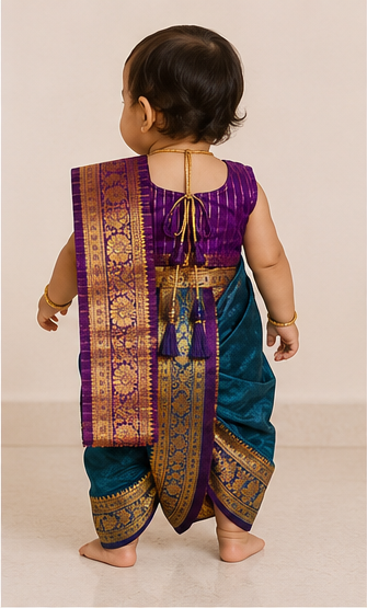 Purple & Teal Peacock Pre-Stitched Nauvari Saree — Fits 6 Months to 1.5 Years