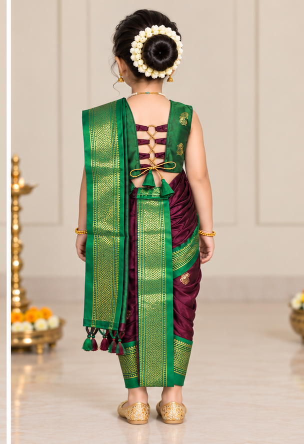 Emerald Green & Wine Pre-Stitched Nauvari Saree โ Fits 3 to 4 Years