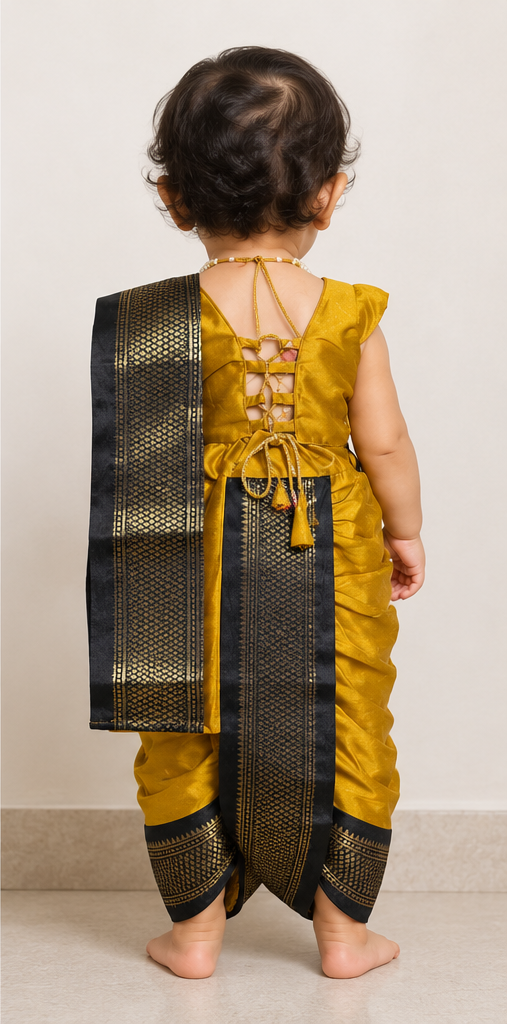 Mustard & Black Pre-Stitched Nauvari Saree โ Fits 2 to 3 Years