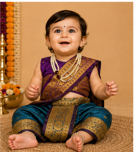 Purple & Teal Pre-Stitched Nauvari Saree — Fits 6 Months to 1.5 Years
