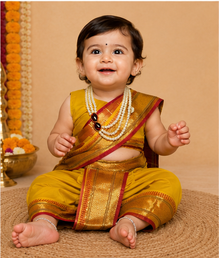 Yellow Pre-Stitched Nauvari Saree — Fits 6 Months to 1.5 Years
