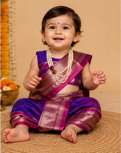 Violet Pre-Stitched Nauvari Saree — Fits 6 Months to 1.5 Years