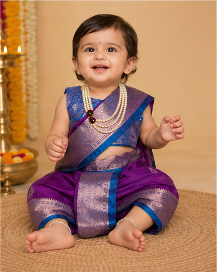 Royal Purple-Teal Pre-Stitched Nauvari Saree — Fits 6 Months to 1.5 Years