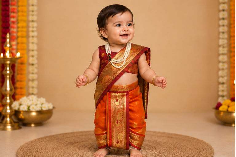 Maroon & Orange Pre-Stitched Nauvari Saree — Fits 6 Months to 1.5 Years