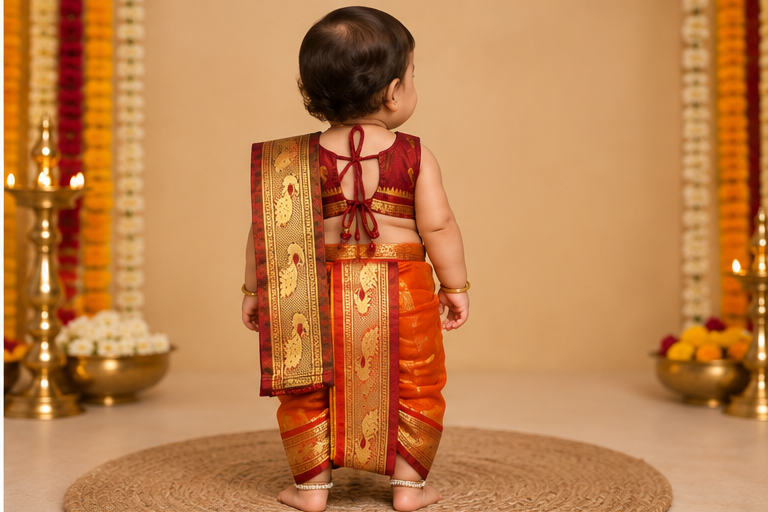Maroon & Orange Pre-Stitched Nauvari Saree — Fits 6 Months to 1.5 Years