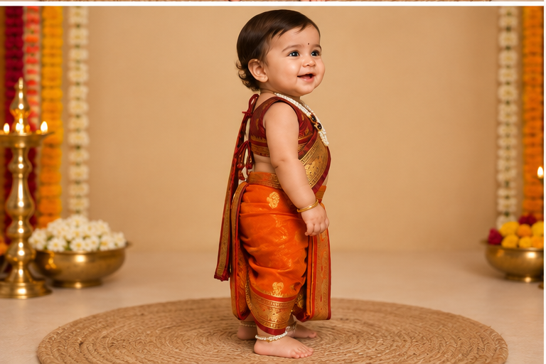 Maroon & Orange Pre-Stitched Nauvari Saree — Fits 6 Months to 1.5 Years