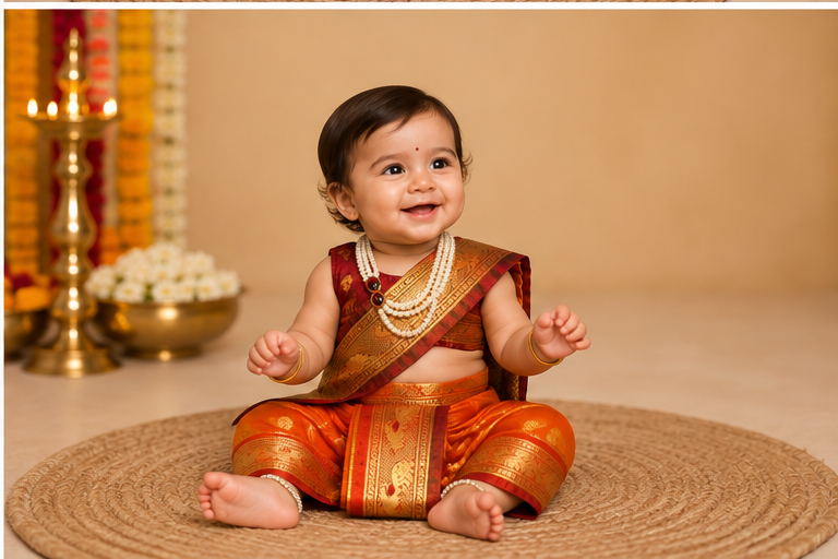 Maroon & Orange Pre-Stitched Nauvari Saree — Fits 6 Months to 1.5 Years