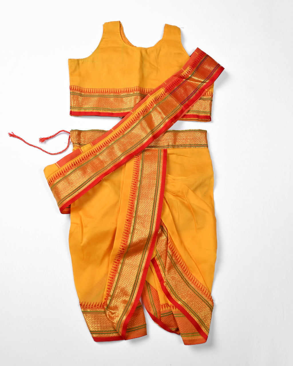 The Suvarna | Traditional Yellow Stitched Navvari with Red Border & Gold Zari