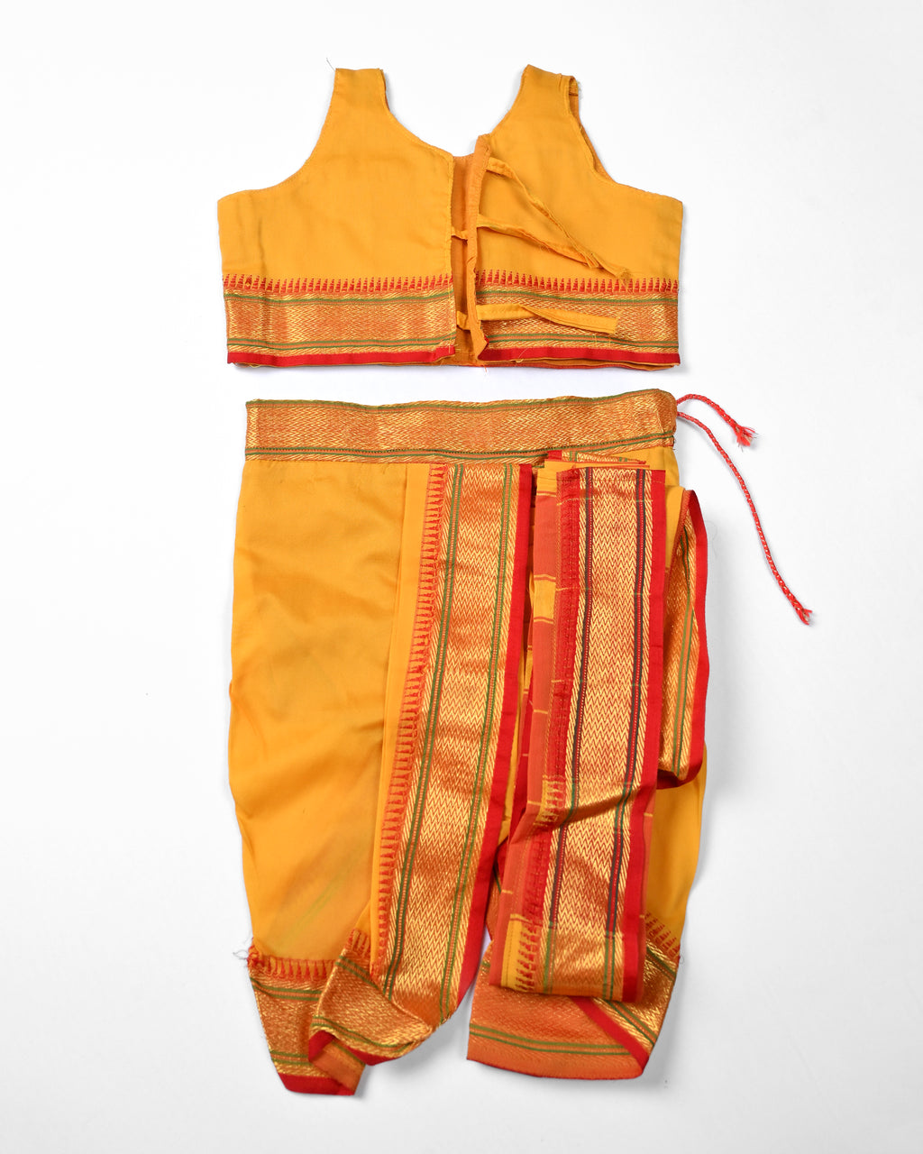 The Suvarna | Traditional Yellow Stitched Navvari with Red Border & Gold Zari