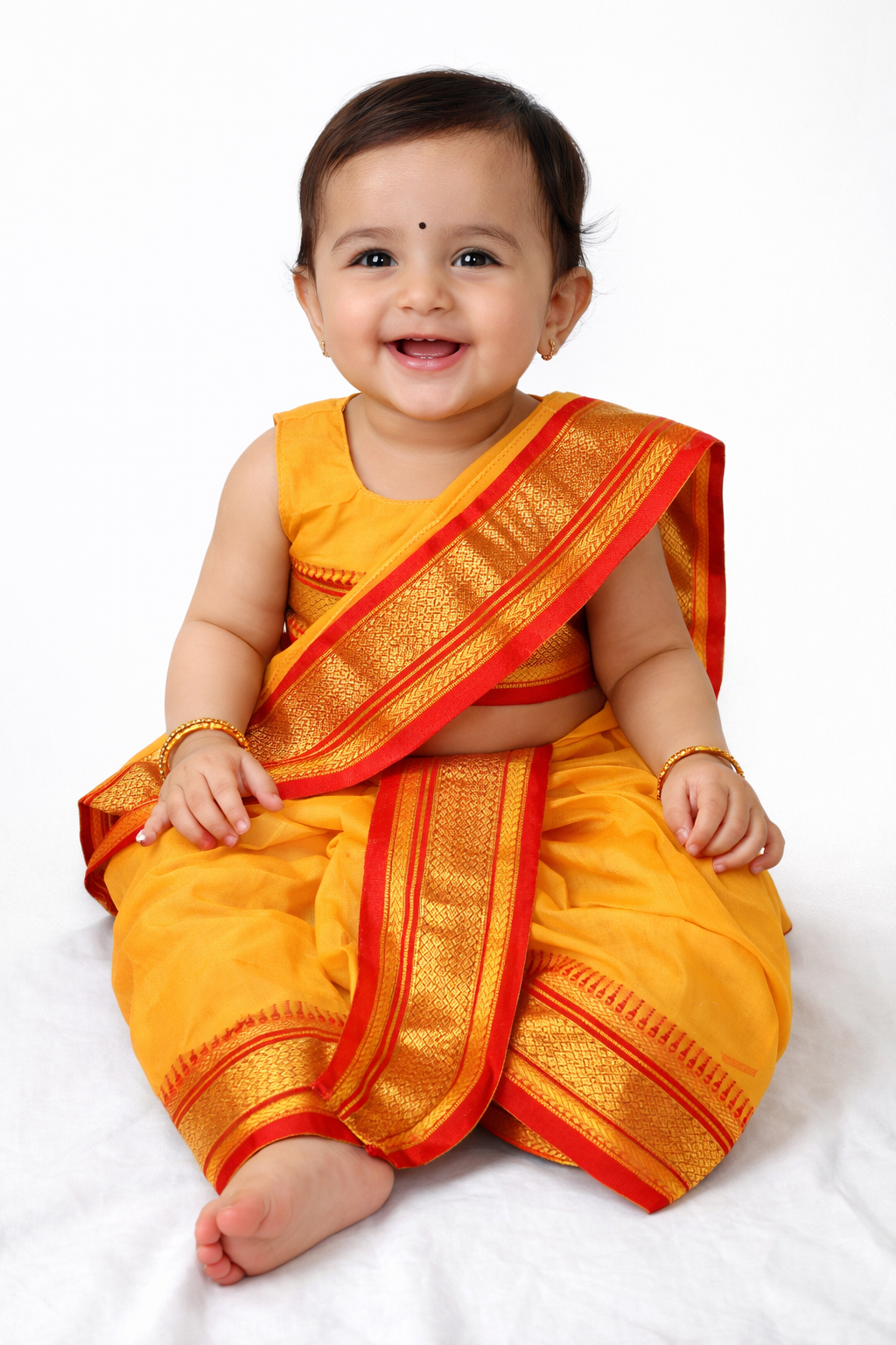 The Suvarna | Traditional Yellow Stitched Navvari with Red Border & Gold Zari