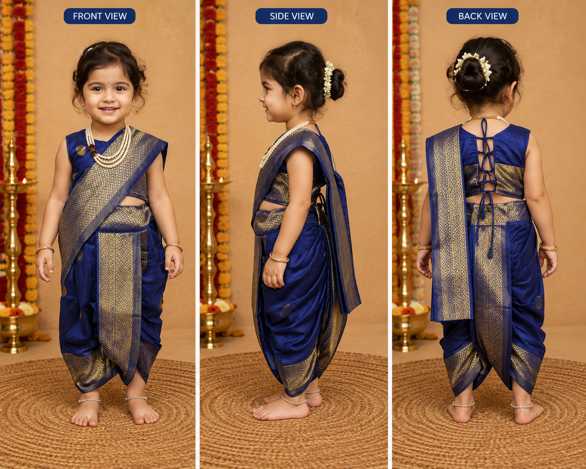 Navy Blue & Gold Pre-Stitched Nauvari Saree