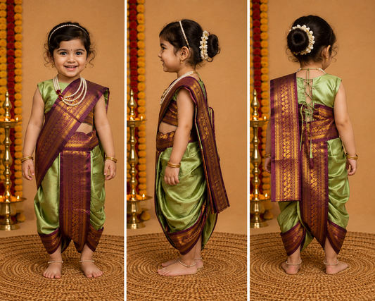 Olive Green & Maroon Zari Border Nauvari Saree