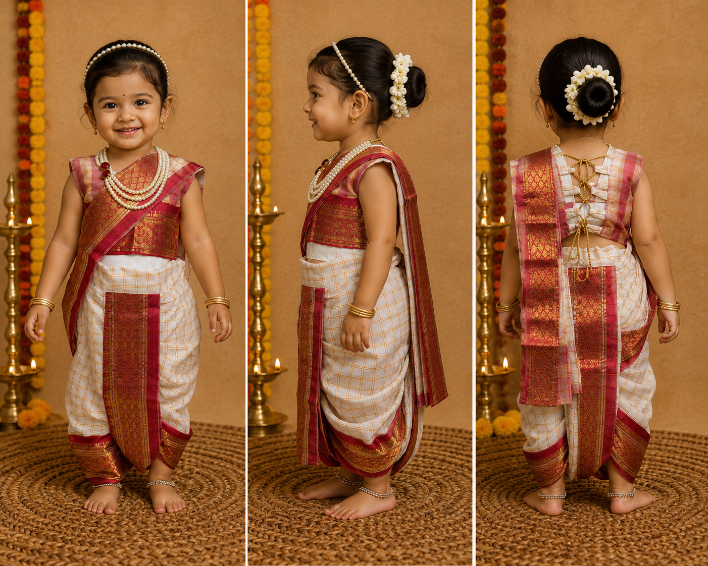 Ivory Check & Red Zari Border Nauvari Saree