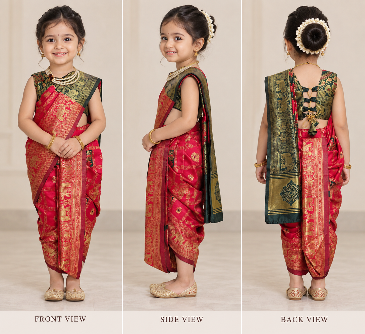 Crimson Red Pre-Stitched Nauvari Saree — Fits 3 to 4 Years