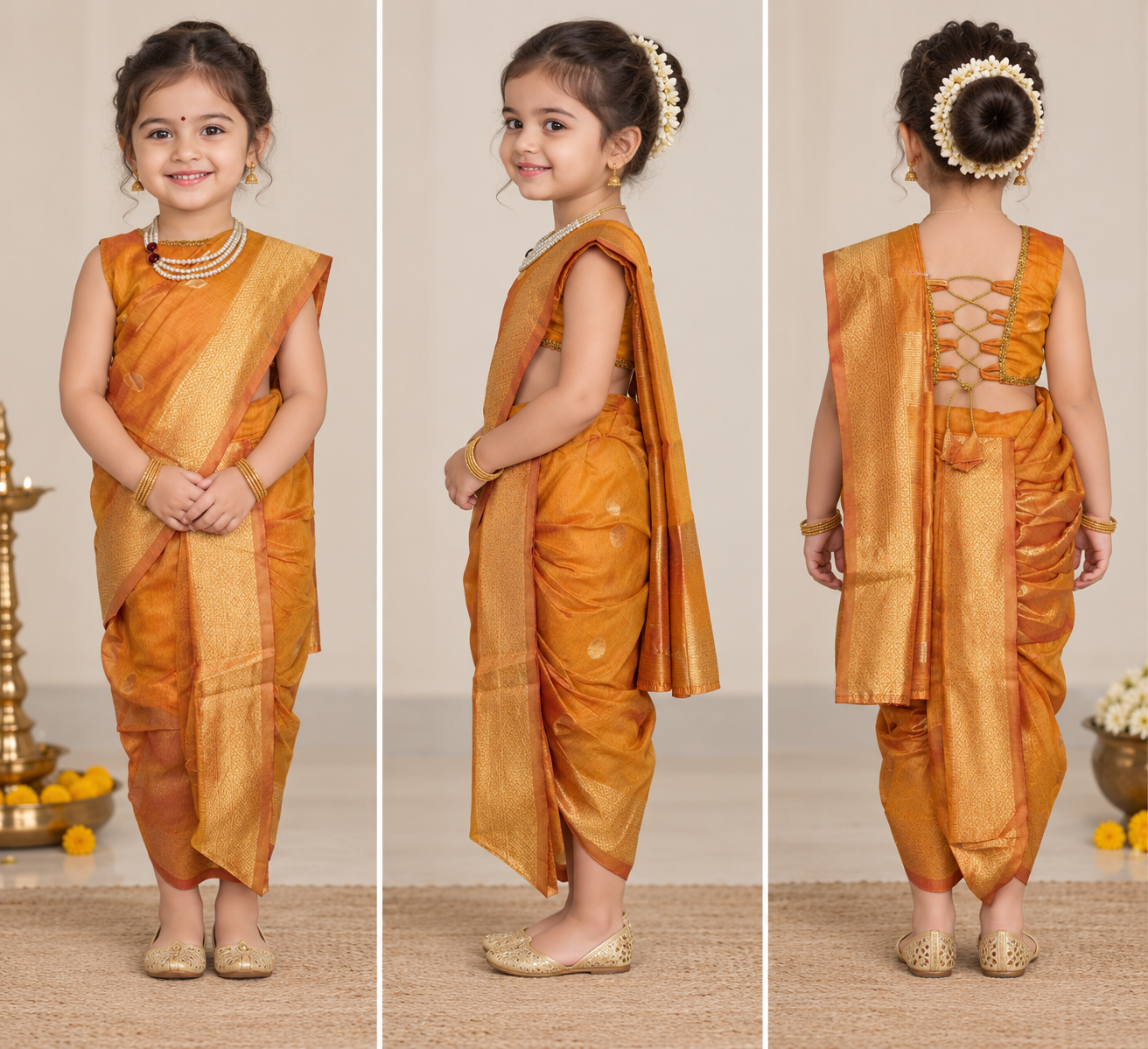 Golden-Orange Pre-Stitched Nauvari Saree — Fits 3 to 4 Years