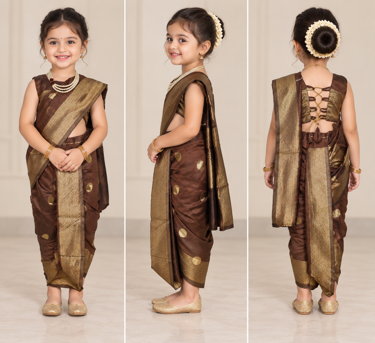 Coffee-Brown Pre-Stitched Nauvari Saree — Fits 3 to 4 Years