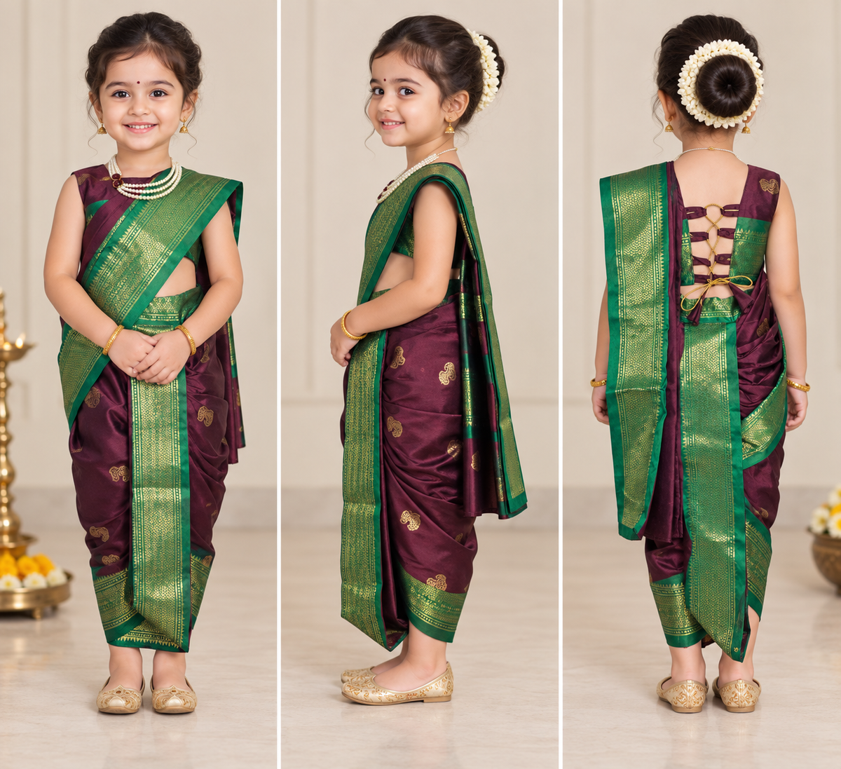 Maroon-Green Pre-Stitched Nauvari Saree — Fits 3 to 4 Years