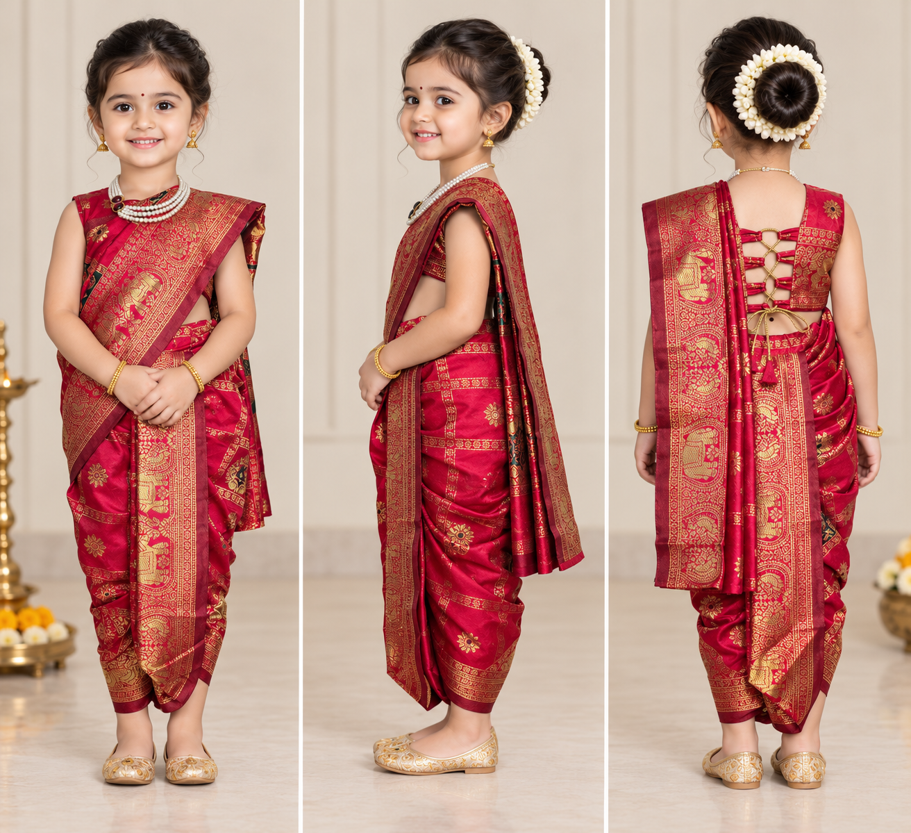 Ruby Red Elephant-Motif Pre-Stitched Nauvari Saree — Fits 3 to 4 Years