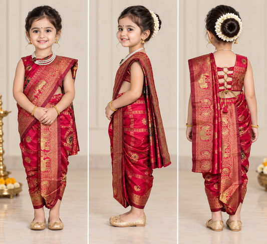 Ruby Red Elephant-Motif Pre-Stitched Nauvari Saree — Fits 3 to 4 Years