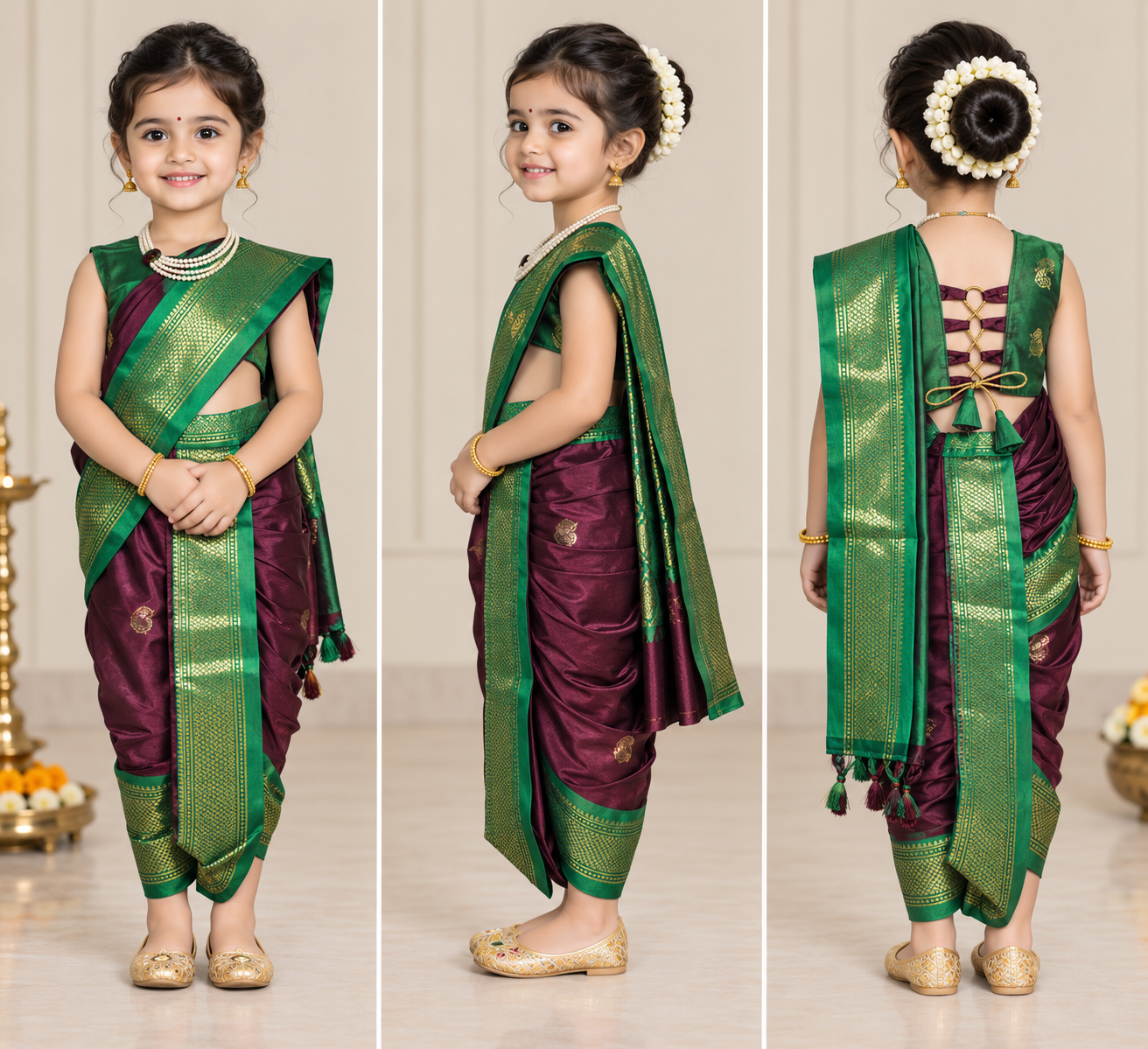 Emerald Green & Wine Pre-Stitched Nauvari Saree — Fits 3 to 4 Years