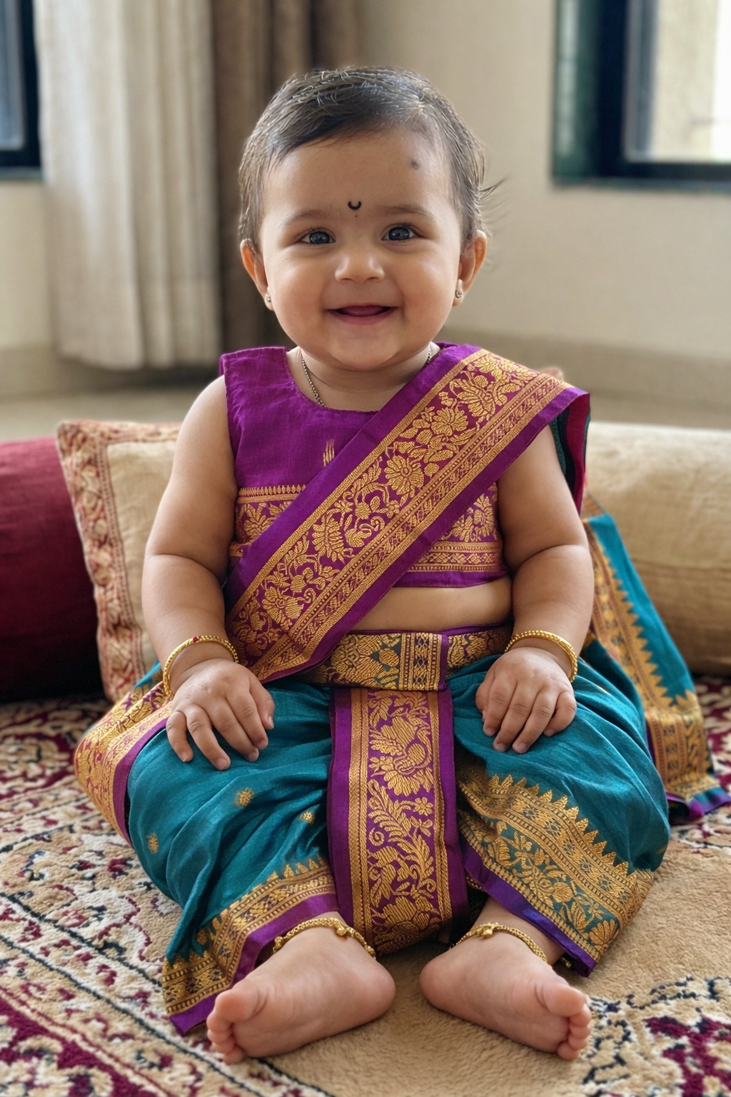 The Ahilya | Peacock Teal Navvari with Royal Purple Blouse & Gold Zari