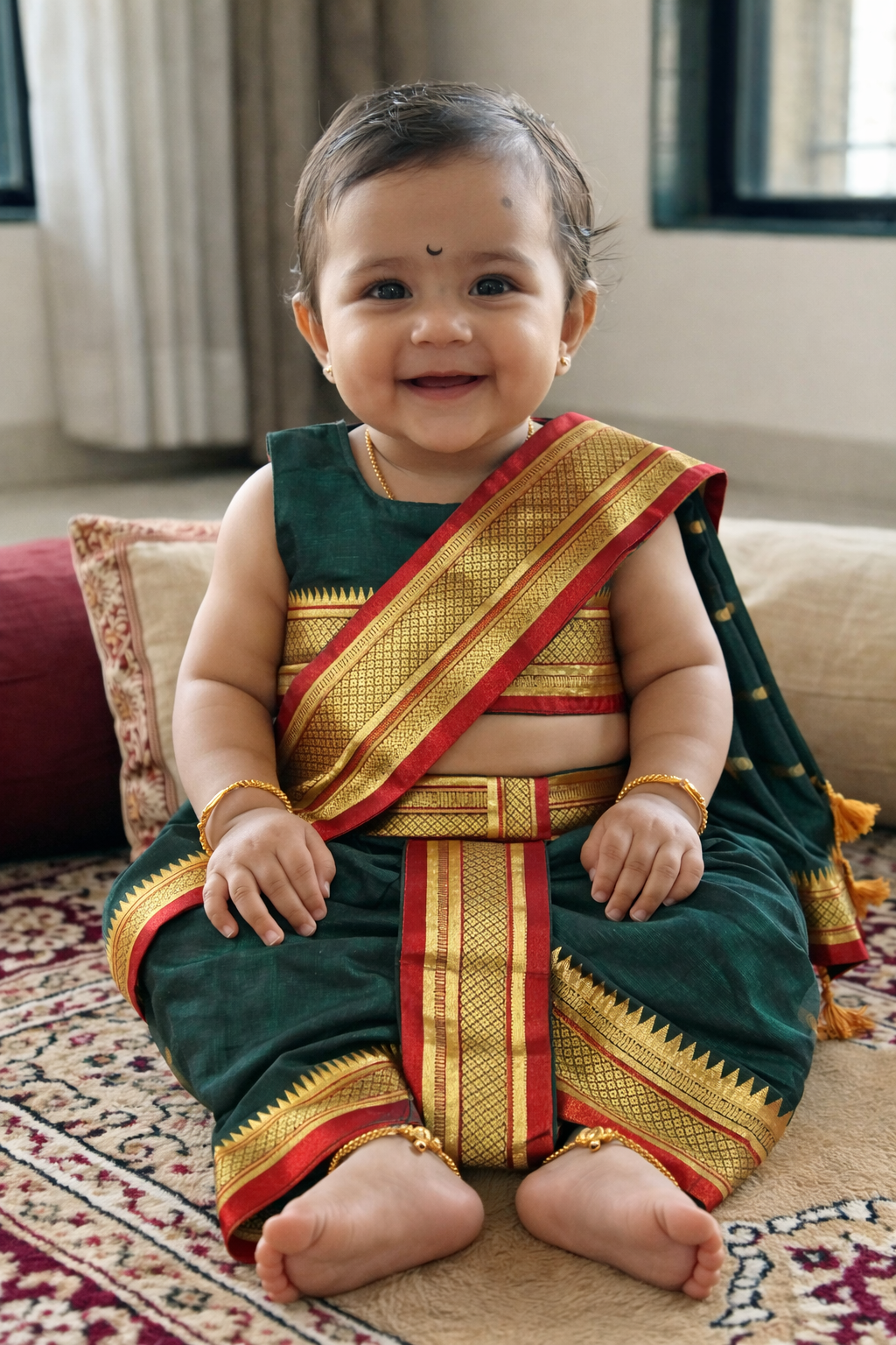 The Bhairavi | Jet Black Navvari with Ruby Red & Gold Zari