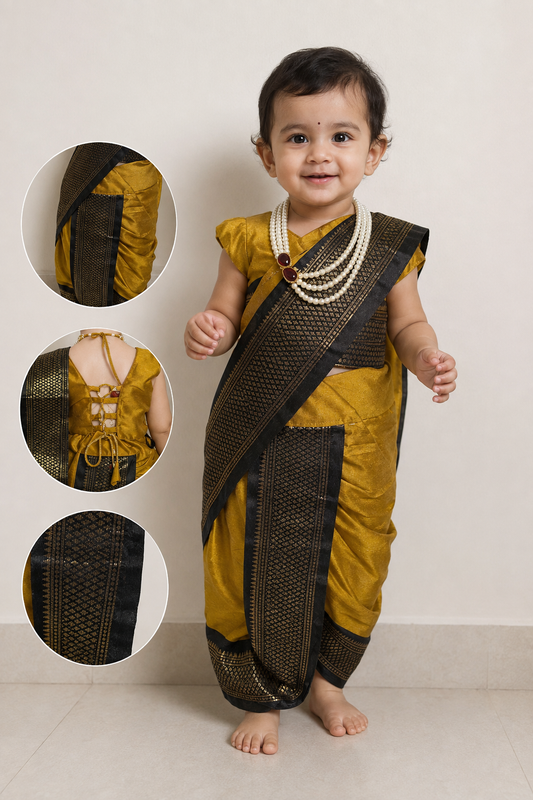 Mustard & Black Pre-Stitched Nauvari Saree