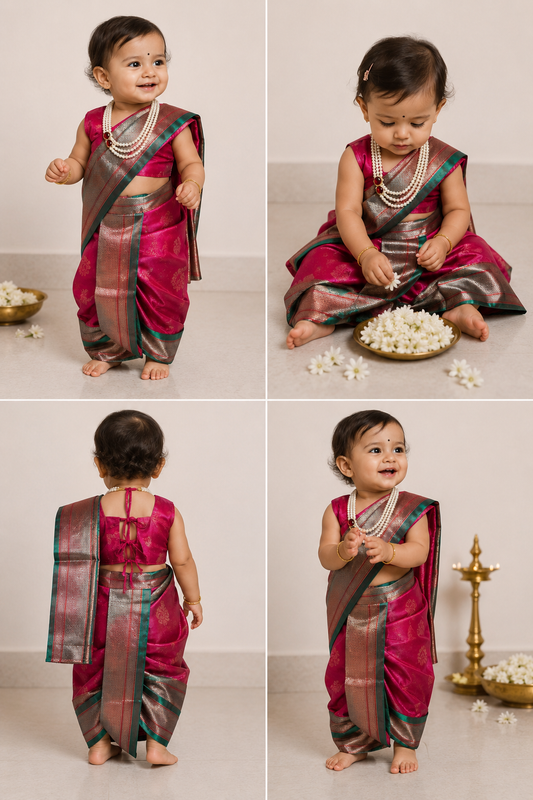 Rani pink and green pre-stitched Nauvari saree for baby girls, 6 months to 1.5 years