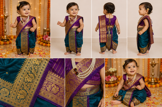 Purple and teal peacock pre-stitched Nauvari saree for baby girls, 6 months to 1.5 years