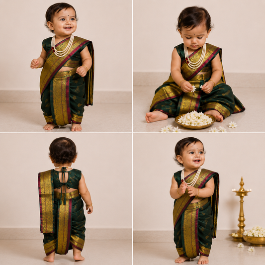 Bottle-green pre-stitched Nauvari saree for baby girls, 6 months to 1.5 years