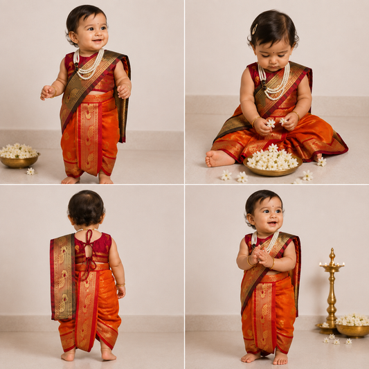 Maroon and orange pre-stitched Nauvari saree for baby girls, 6 months to 1.5 years