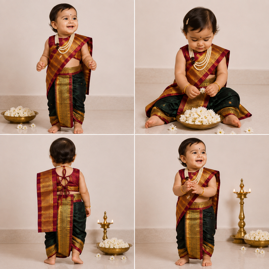 Red and bottle-green pre-stitched Nauvari saree for baby girls, 6 months to 1.5 years