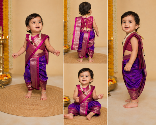 Pink and purple pre-stitched Nauvari saree for baby girls, 6 months to 1.5 years