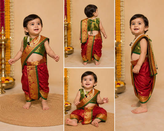 Red and green pre-stitched Nauvari saree for baby girls, 6 months to 1.5 years