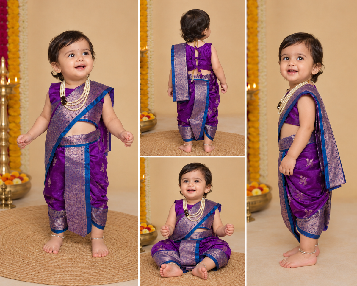 Purple pre-stitched Nauvari saree for baby girls, 6 months to 1.5 years