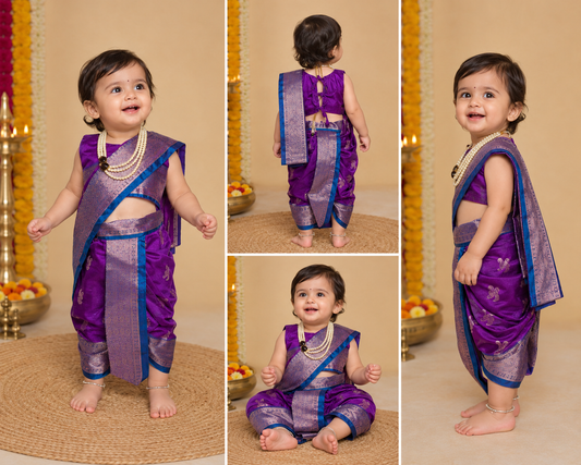 Purple pre-stitched Nauvari saree for baby girls, 6 months to 1.5 years