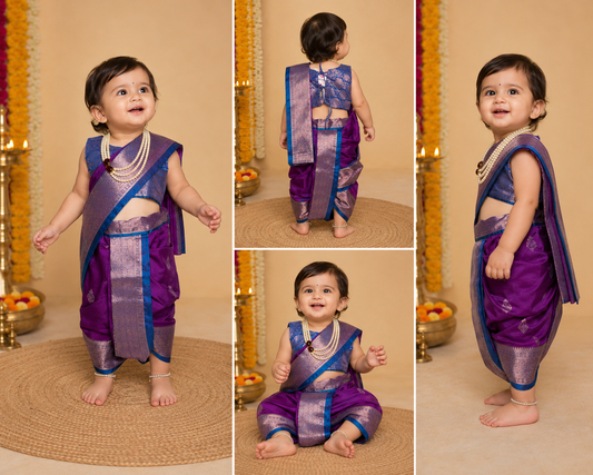 Royal purple and teal pre-stitched Nauvari saree for baby girls, 6 months to 1.5 years