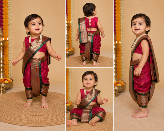Fuchsia pink pre-stitched Nauvari saree for baby girls, 6 months to 1.5 years