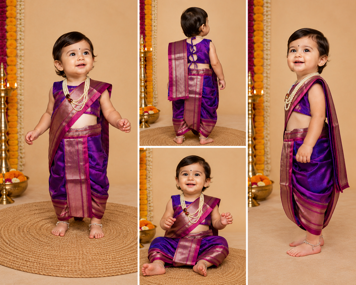 Violet purple pre-stitched Nauvari saree for baby girls, 6 months to 1.5 years