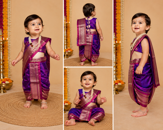 Violet purple pre-stitched Nauvari saree for baby girls, 6 months to 1.5 years