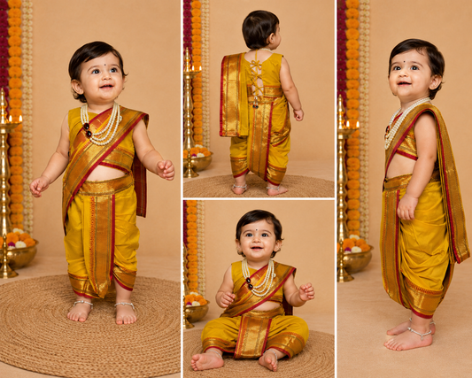 Marigold yellow pre-stitched Nauvari saree for baby girls, 6 months to 1.5 years