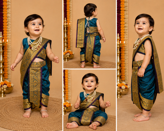 Teal and purple pre-stitched Nauvari saree for baby girls, 6 months to 1.5 years