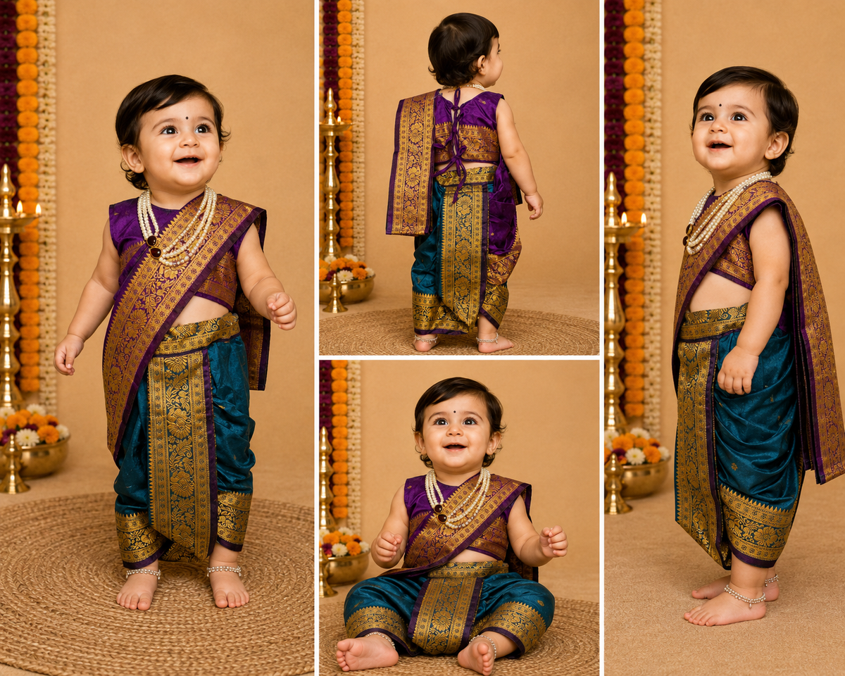Purple and teal pre-stitched Nauvari saree for baby girls, 6 months to 1.5 years