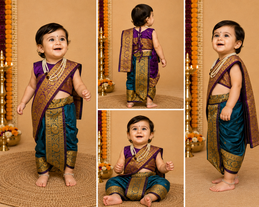 Purple and teal pre-stitched Nauvari saree for baby girls, 6 months to 1.5 years