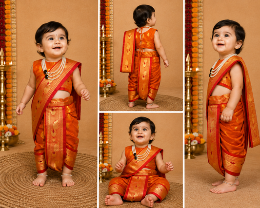 Marigold orange pre-stitched Nauvari saree for baby girls, 6 months to 1.5 years
