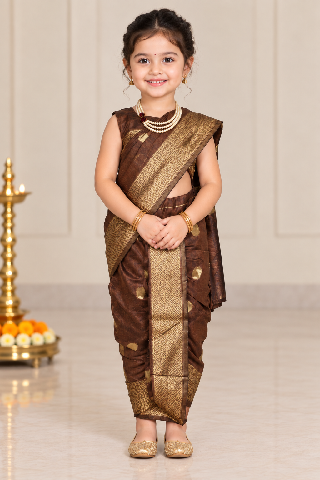 Coffee-Brown Pre-Stitched Nauvari Saree — Fits 3 to 4 Years