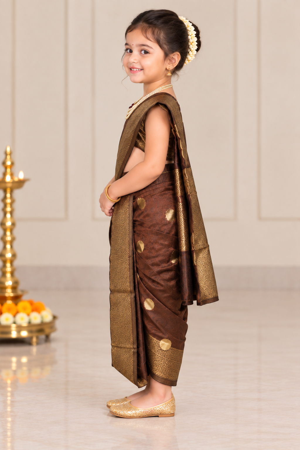 Coffee-Brown Pre-Stitched Nauvari Saree — Fits 3 to 4 Years