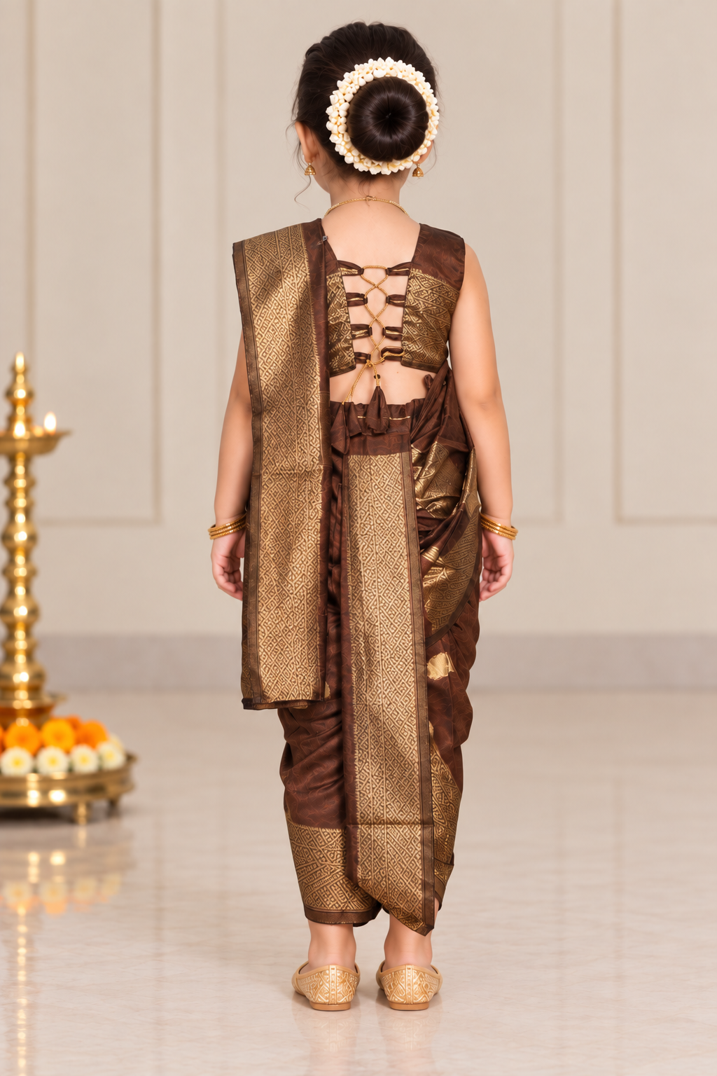 Coffee-Brown Pre-Stitched Nauvari Saree — Fits 3 to 4 Years